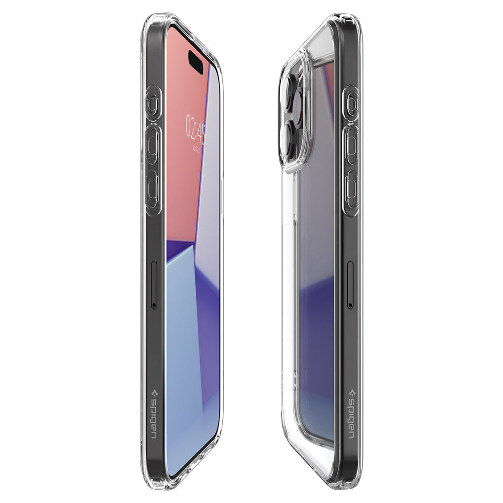 iPhone 15 Pro Case Ultra Hybrid in crystal clear showing the sides, partial front and back