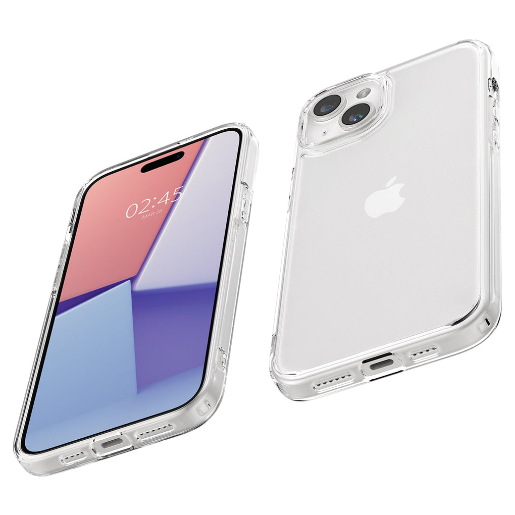 iPhone 15 Plus Case Ultra Hybrid in crystal clear showing the front, back and bottom