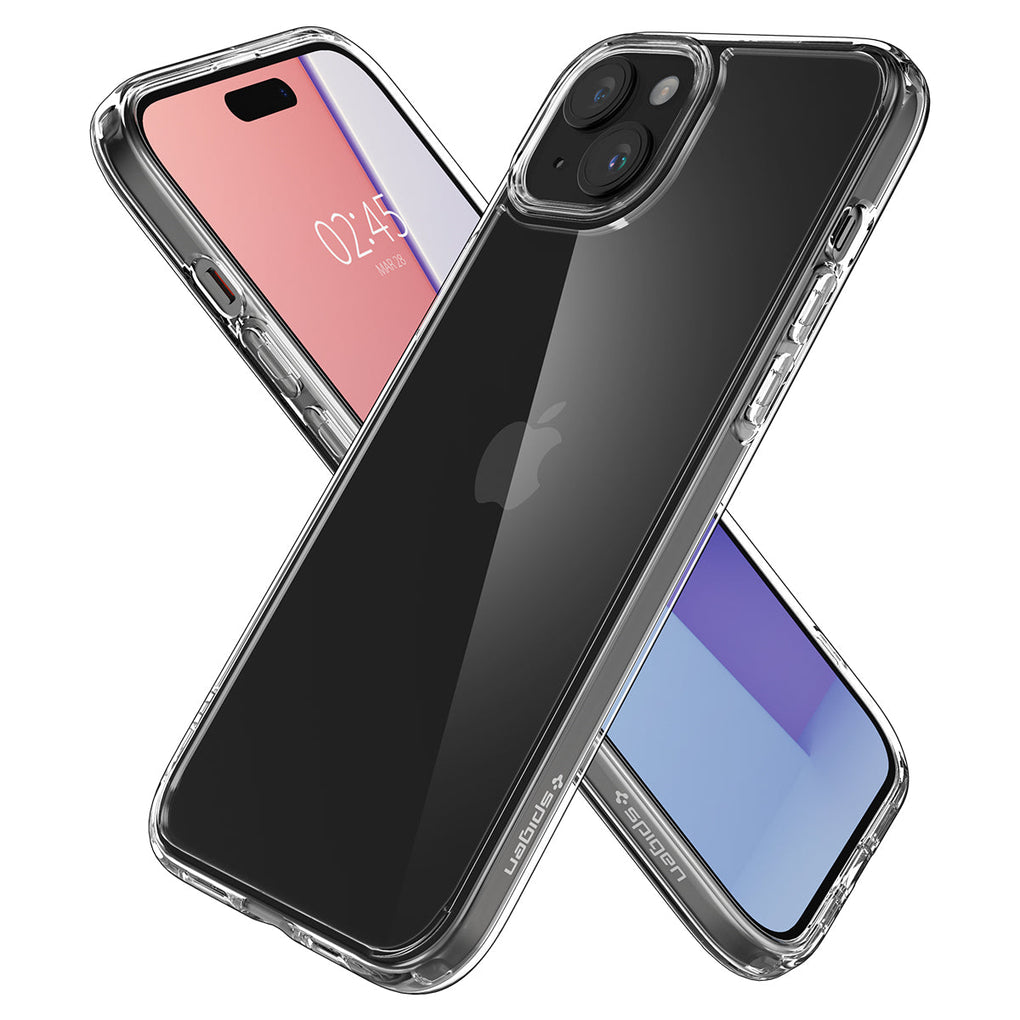 iPhone 15 Plus Case Ultra Hybrid in crystal clear showing the back, front and sides
