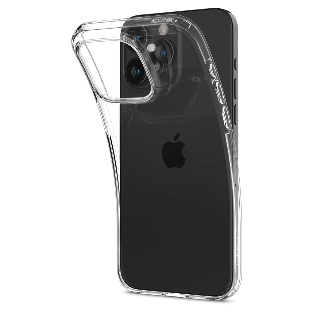 iPhone 15 Pro Case Liquid Crystal in crystal clear showing the back with case bending away from device to show the flexibility