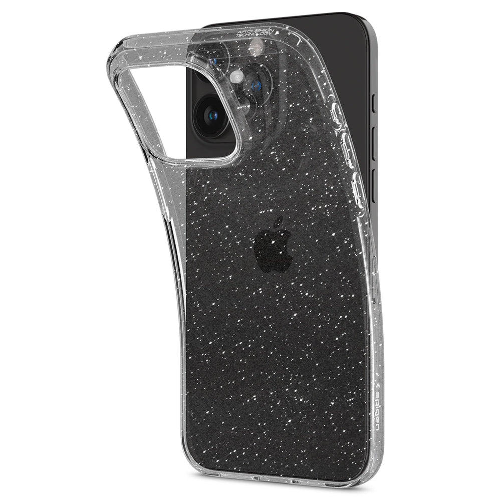 iPhone 15 Pro Max Case Liquid Crystal Glitter in crystal quartz showing the back with case bending away from device to show the flexibility