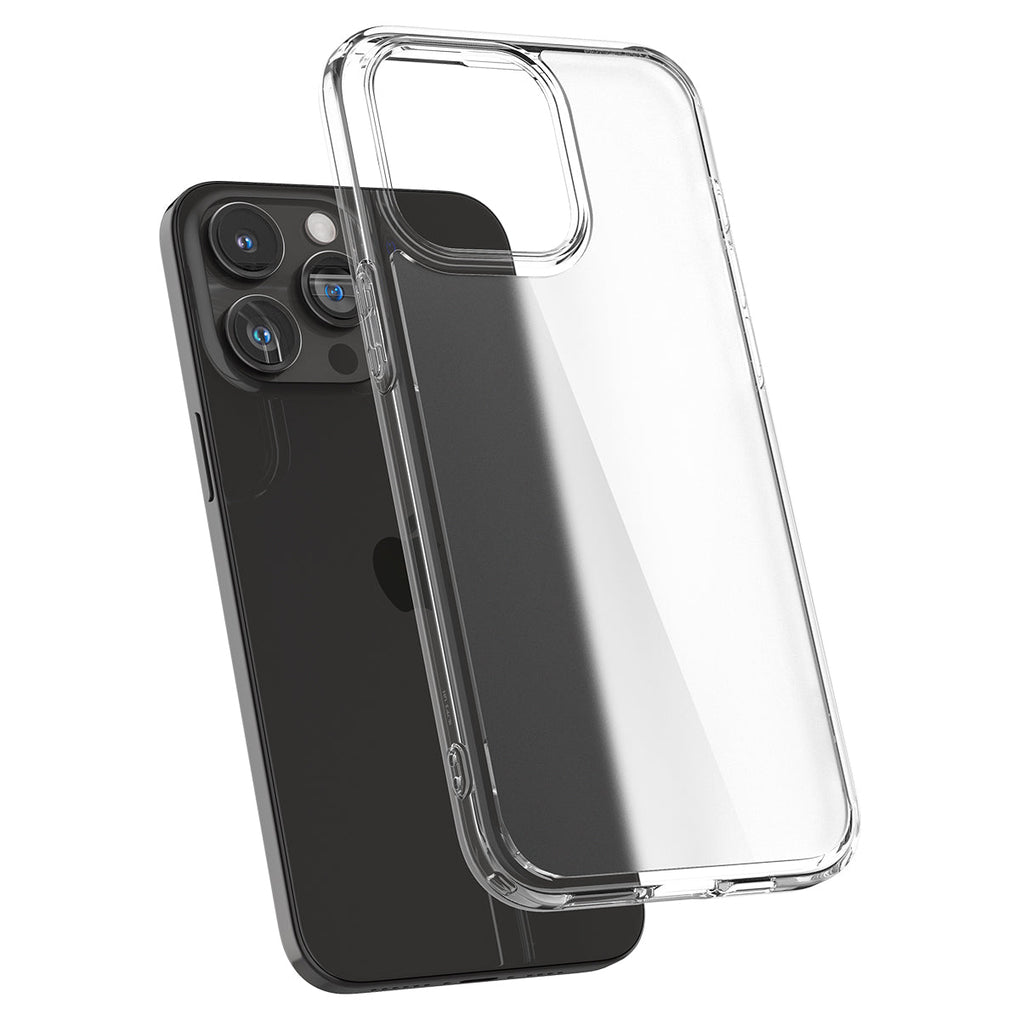 iPhone 15 Pro Max Case Ultra Hybrid in frost clear showing the back with case hovering away from device