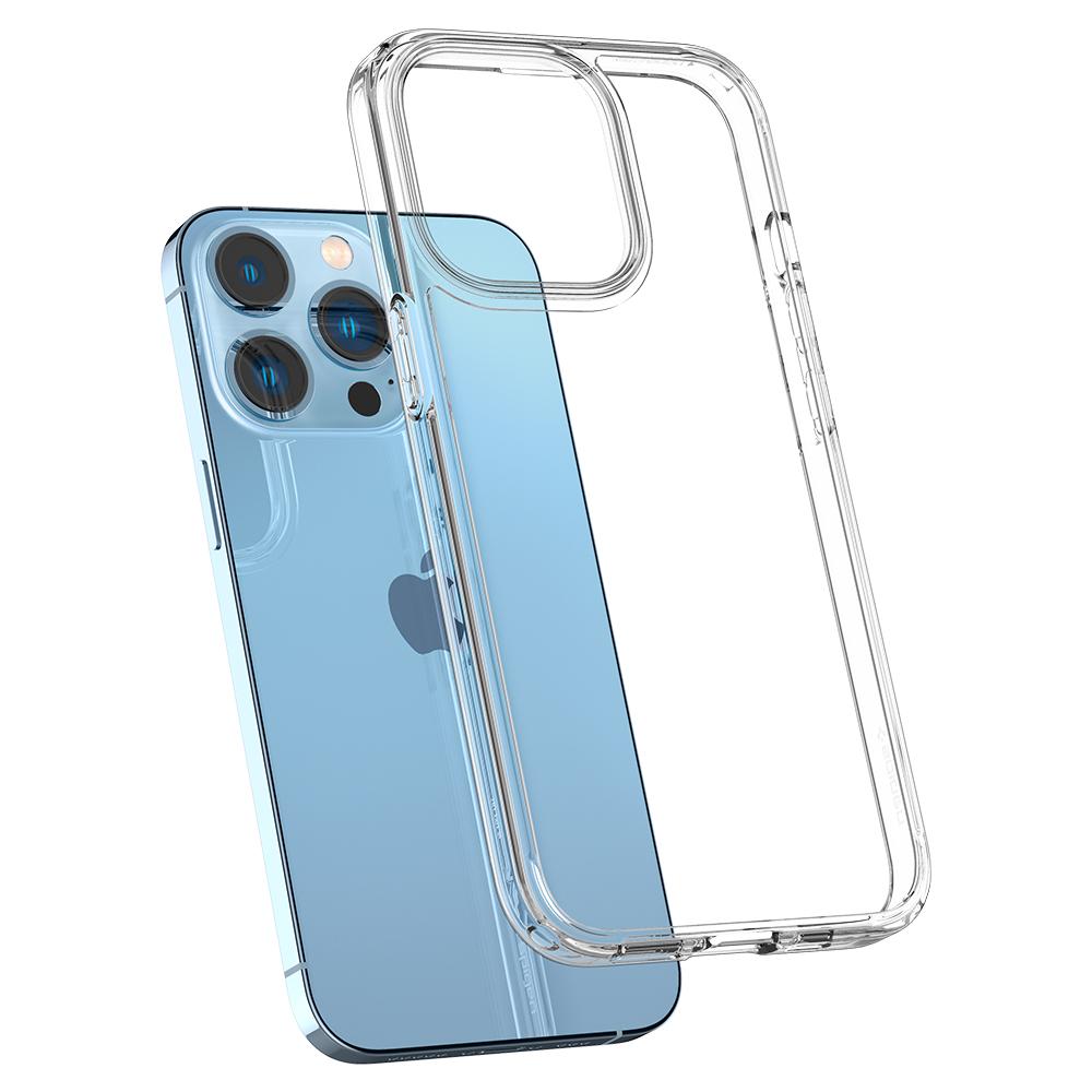 iPhone 13 Pro Case Ultra Hybrid in crystal clear showing the back hovering above device back