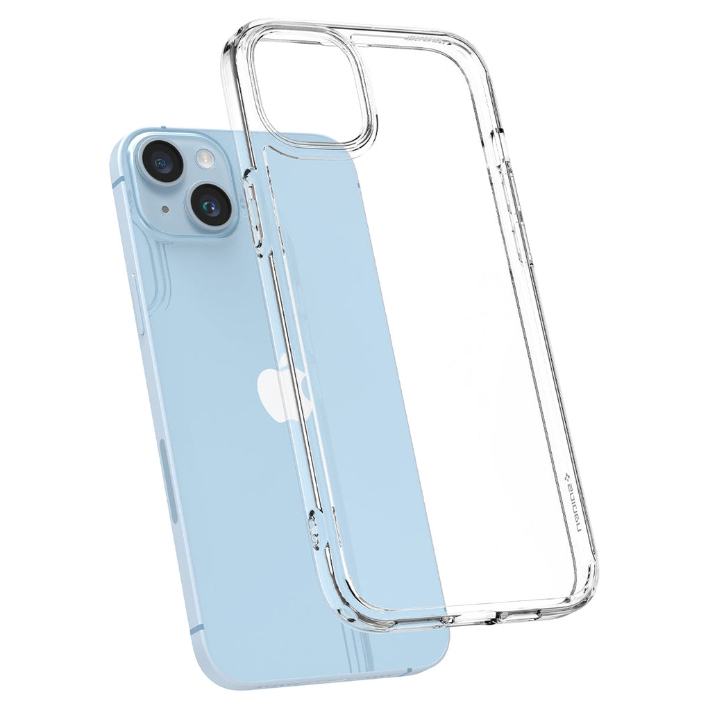 iPhone 14 Plus Case Ultra Hybrid in crystal clear showing the back slightly hovering away from device
