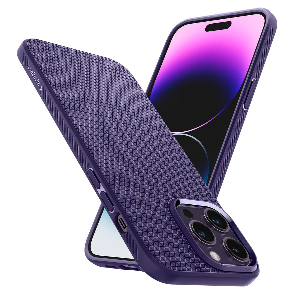 iPhone 14 Pro Max Case Liquid Air in deep purple showing the back, front and sides