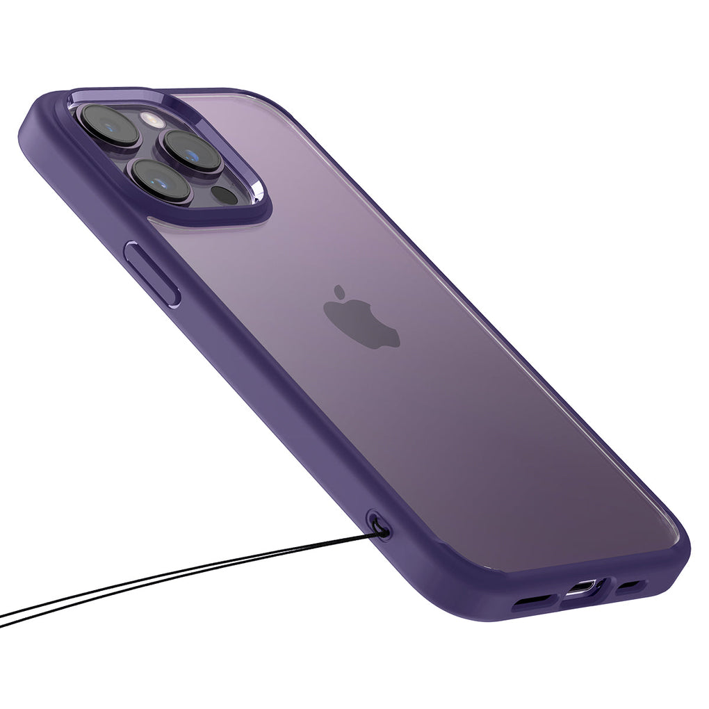 iPhone 14 Pro Case Ultra Hybrid in deep purple showing the back and side with wristlet holes