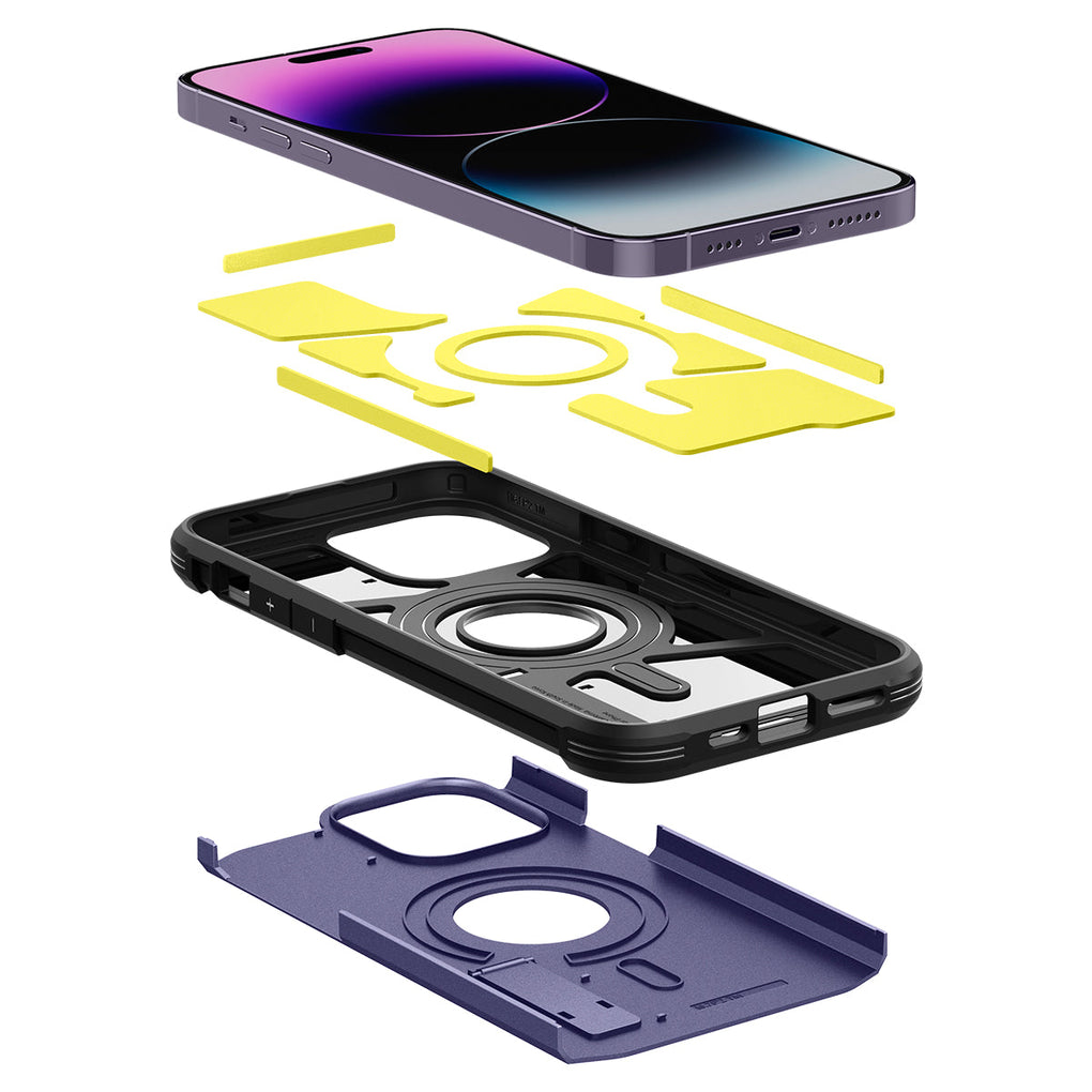 iPhone 14 Pro Max Case Tough Armor (MagFit) in deep purple showing the hard pc, flexible tpu, impact foam and device