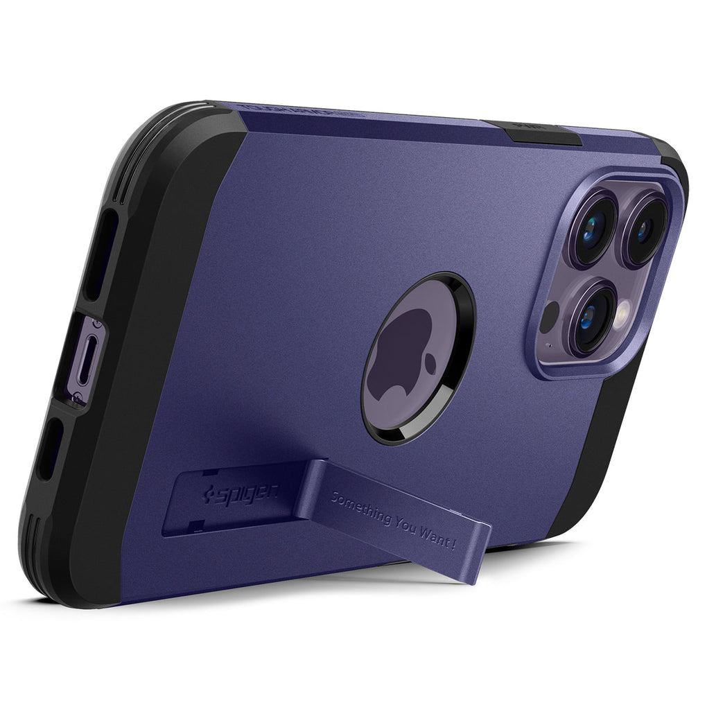 iPhone 14 Pro Max Case Tough Armor (MagFit) in deep purple showing the device being propped up horizontally by built in kickstand