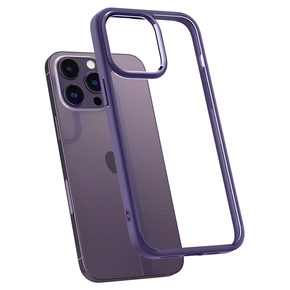 iPhone 14 Pro Max Case Ultra Hybrid in deep purple showing the back hovering slightly away from device