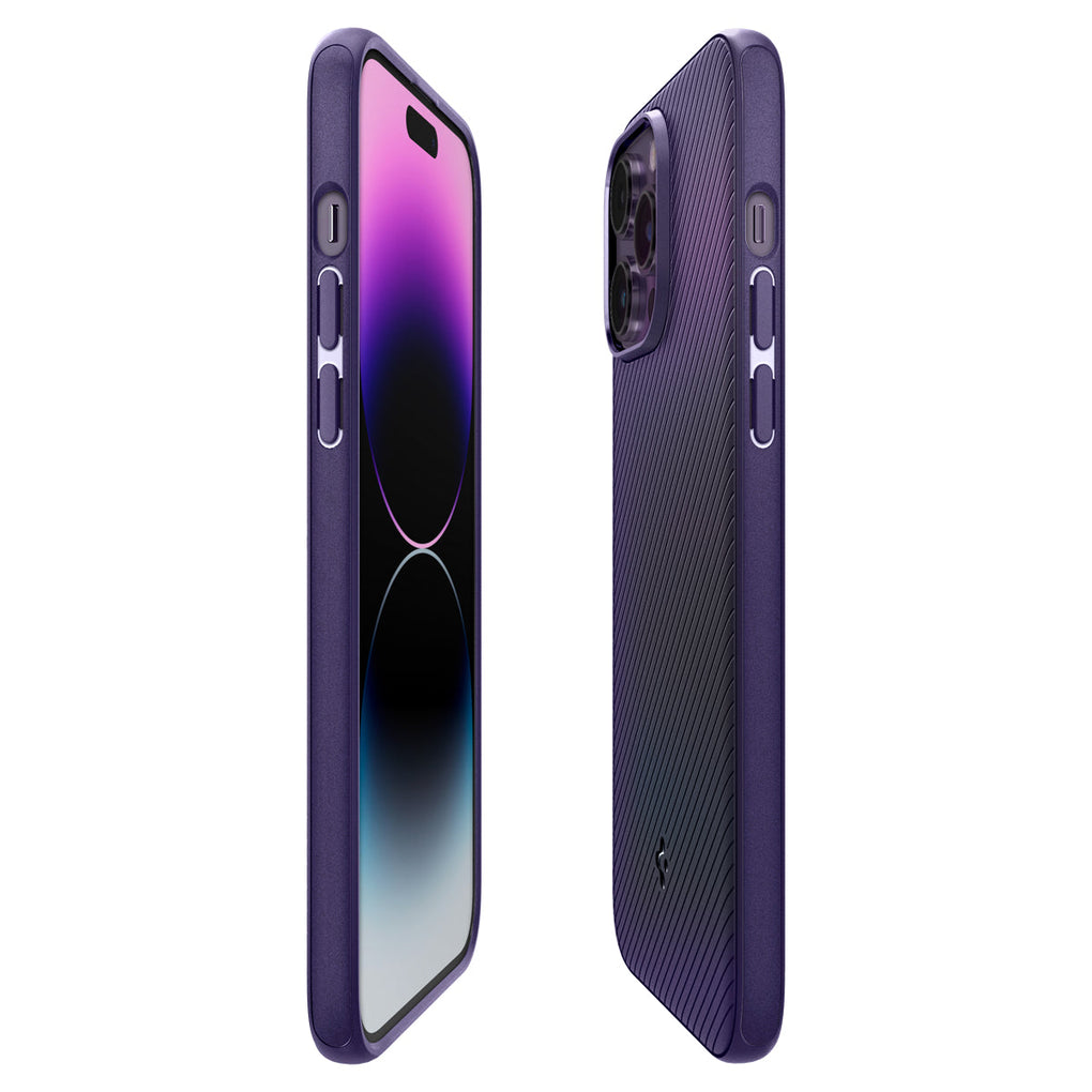 iPhone 14 Pro Max Case Mag Armor (MagFit) in deep purple showing the sides, partial back and front