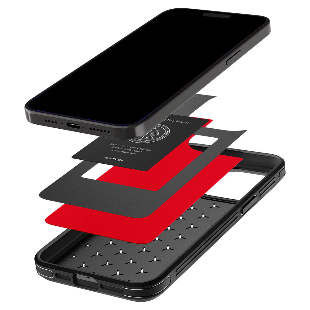 iPhone 15 Pro Max Case Cryo Armor in red showing the device hovering over the multiple layers of case