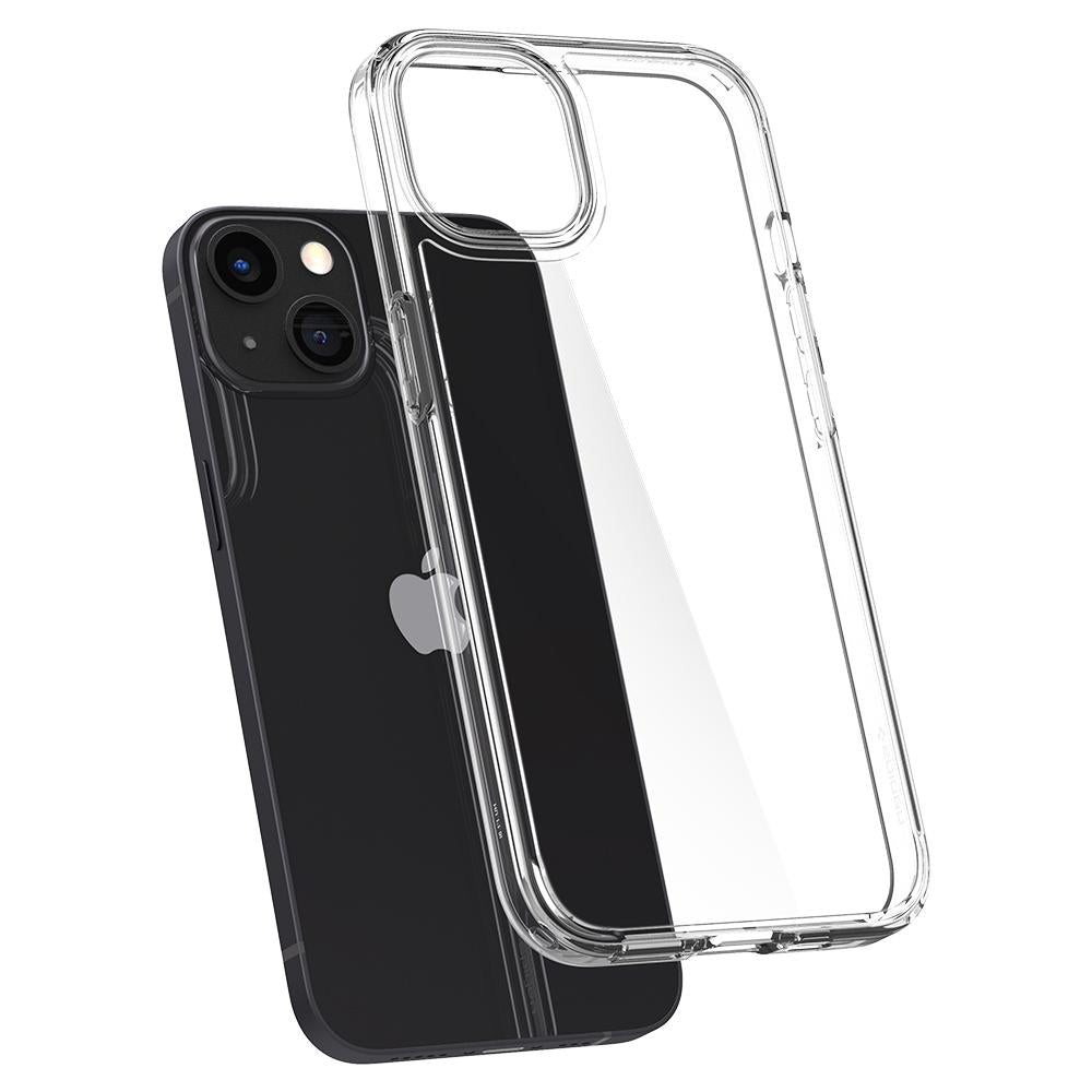 iPhone 13 Case Ultra Hybrid in crystal clear showing the back hovering behind device back