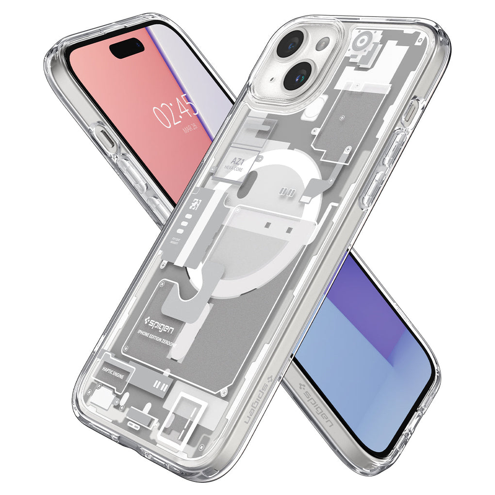 iPhone 15 Case Ultra Hybrid Zero One (MagFit) in white showing the back, front and sides
