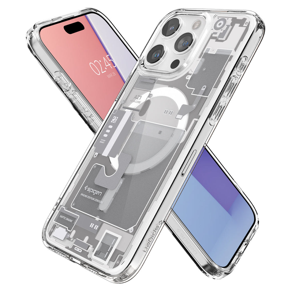 iPhone 15 Pro Case Ultra Hybrid Zero One (MagFit) in white showing the back, front and sides