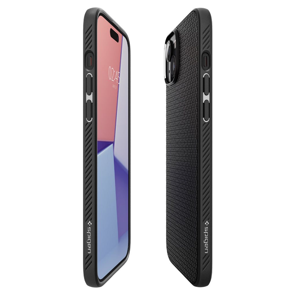iPhone 15 Plus Case Liquid Air in matte black showing the sides, partial front and back