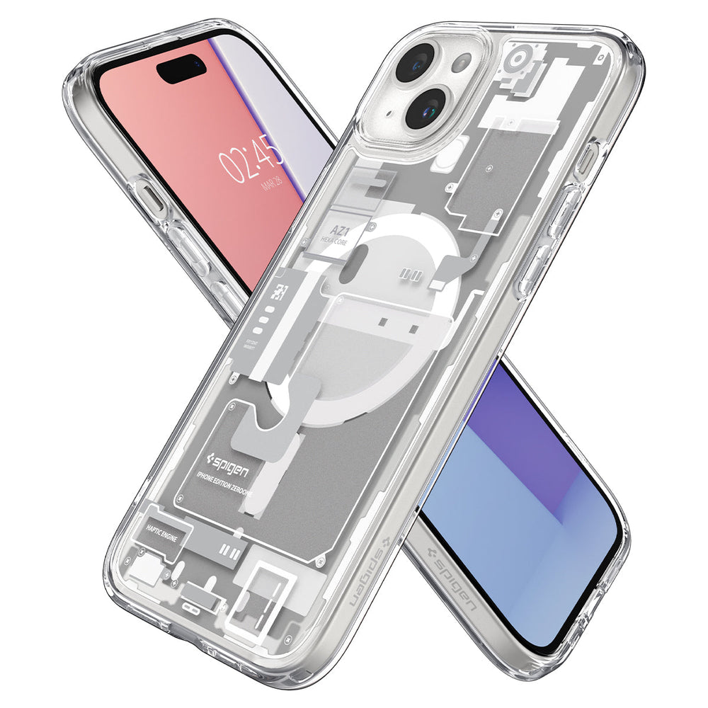 iPhone 15 Plus Case Ultra Hybrid Zero One (MagFit) in white showing the back, front and sides