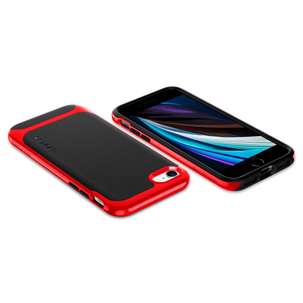 ACS00953 - iPhone SE (2020) Case Neo Hybrid Herringbone in dante red showing the front and back on device laying flat on surface