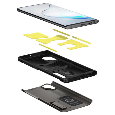 Galaxy Note 10 Plus / 10 Plus 5G Case Tough Armor in gunmetal showing the hard PC layer, flexible TPU layer, and Impact Foam layer with device