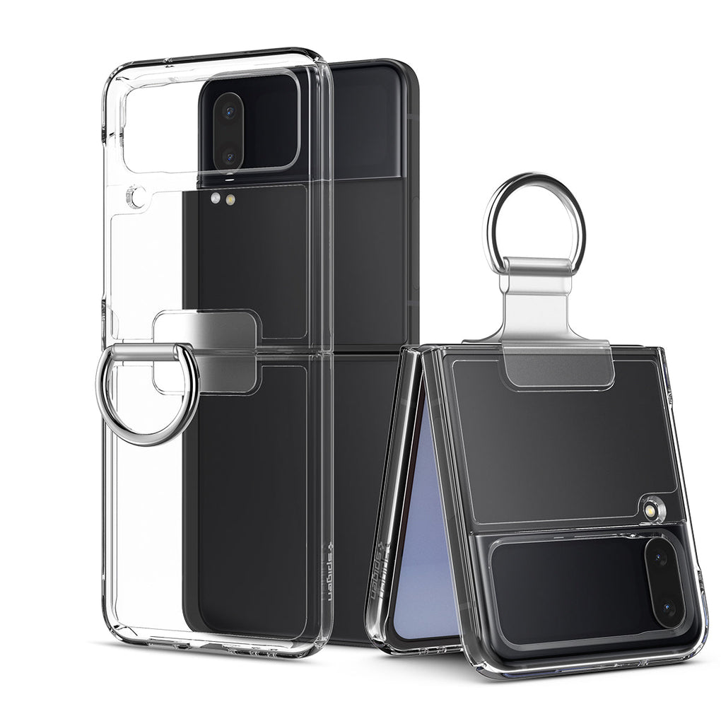 Galaxy Z Flip 4 Case Thin Fit Ring My Sketch in crystal clear showing the case hovering in front of device flat and a second device with device slightly open showing the back and ring extended out