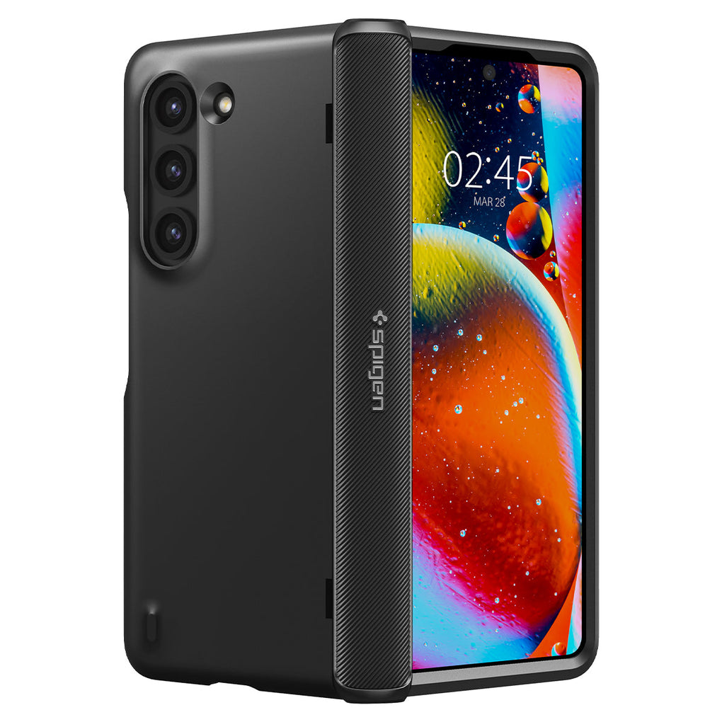 Galaxy Z Fold 5 Case Slim Armor Pro in black showing the back, hinge and front
