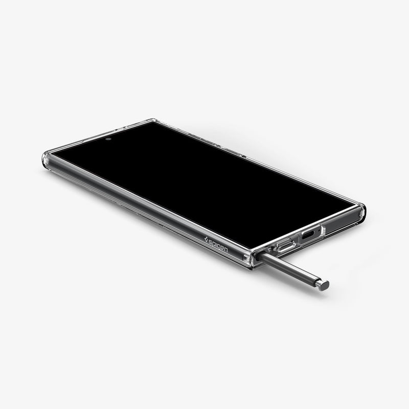 ACS07292 - Galaxy S24 Ultra Case Ultra Hybrid in Crystal Clear showing the front of device, on a flat surface with stylus pen sticking out