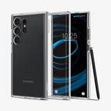 ACS07292 - Galaxy S24 Ultra Case Ultra Hybrid in Crystal Clear showing the back paralleled with a clear case in the middle and a device facing front with stylus pen leaning on the side of a device