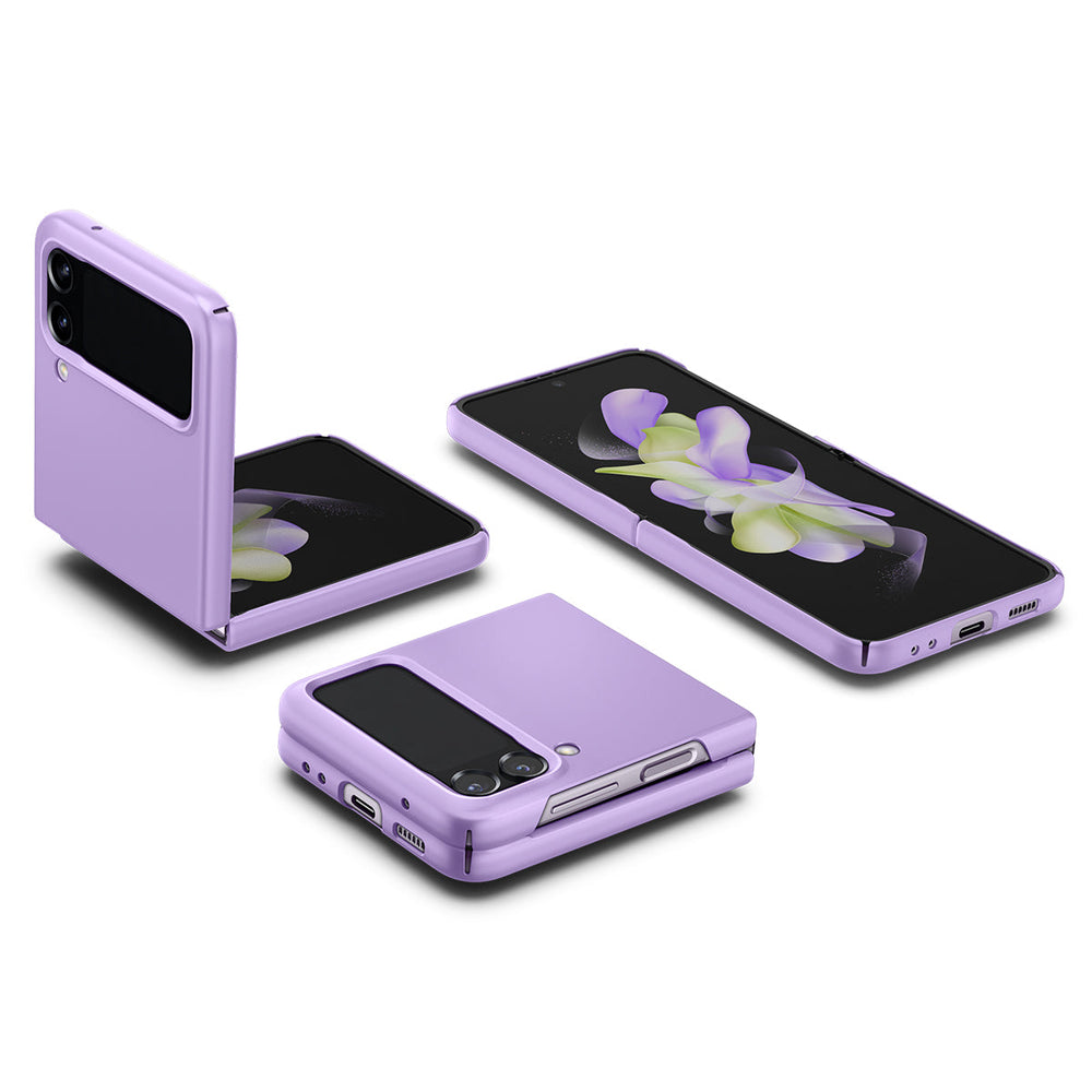 Galaxy Z Flip 4 Case AirSkin in rose purple showing three devices showing different positions. One showing the device fully opened, another showing the device halfway opened and the last device folded