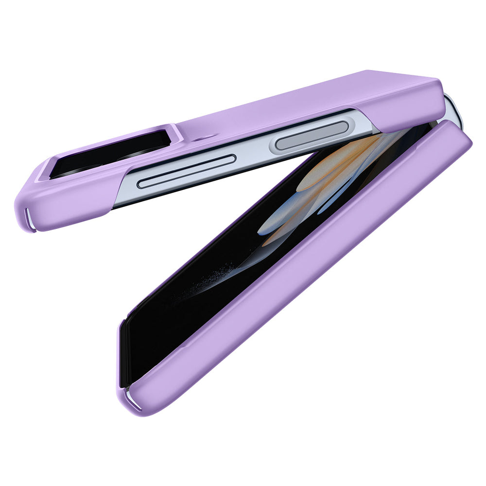 Galaxy Z Flip 4 Case AirSkin in rose purple showing the side, partial back and front with device slightly open