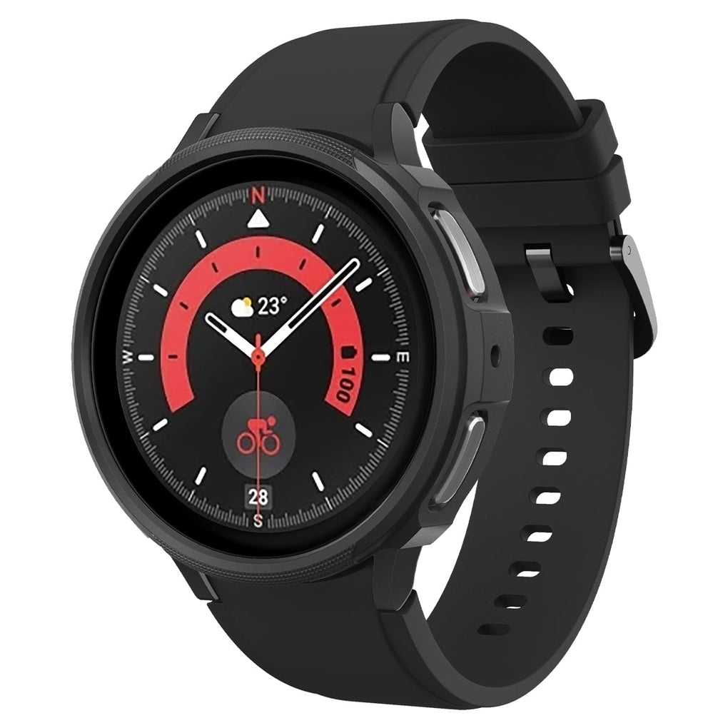 Galaxy Watch 5 Pro (45mm) Case Liquid Air in matte black showing the front and inside of band