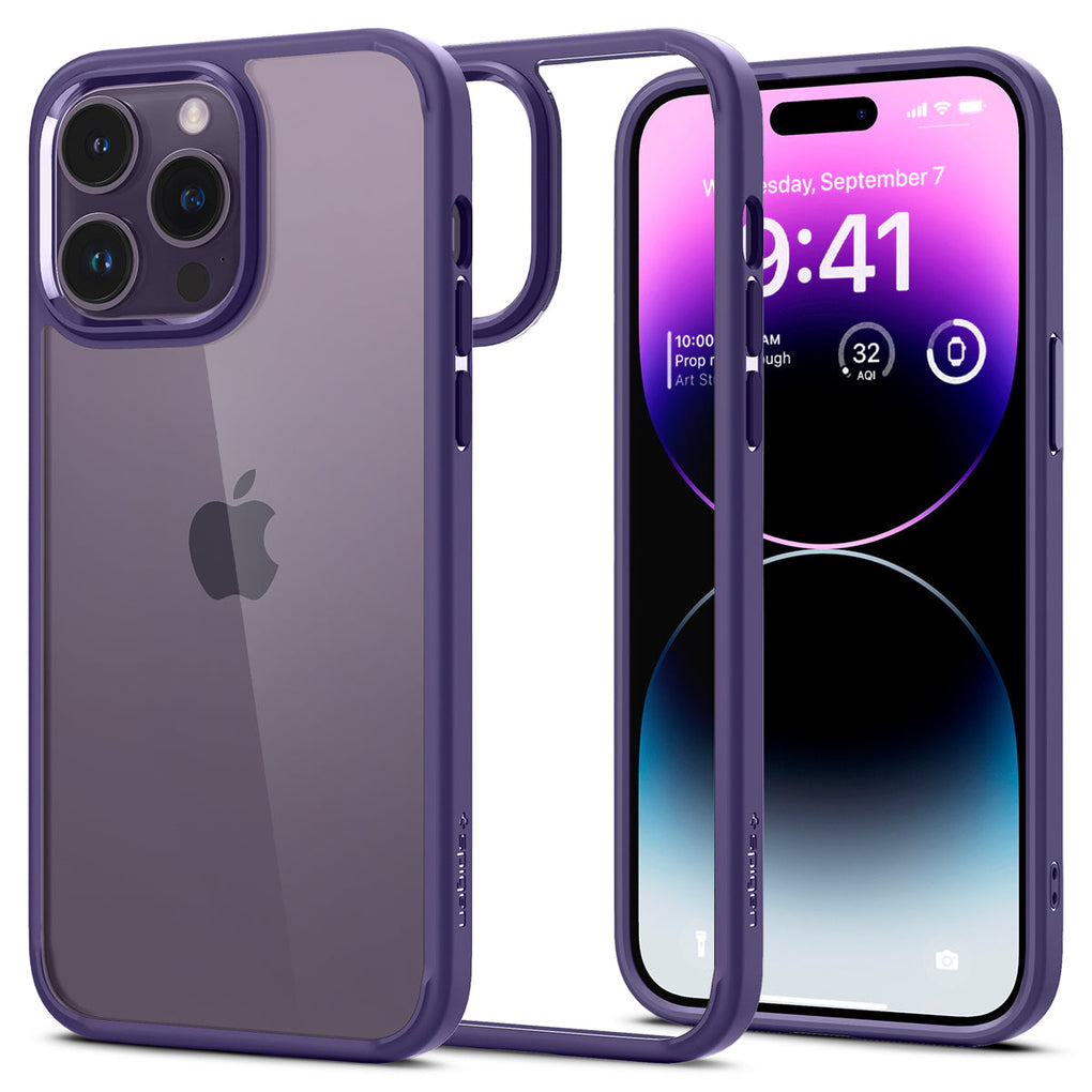 iPhone 14 Pro Case Ultra Hybrid in deep purple showing the back, inside and front
