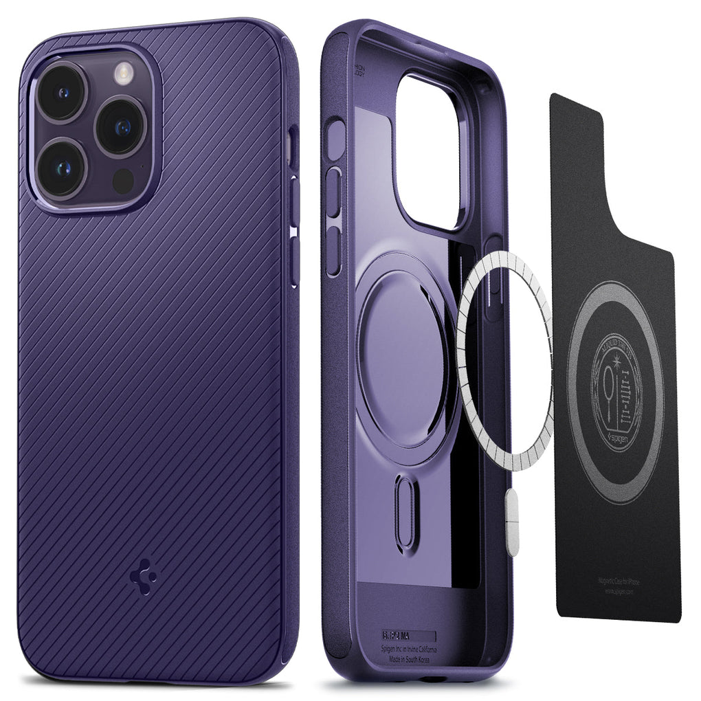 iPhone 14 Pro Max Case Mag Armor (MagFit) in deep purple showing the back and inside with mag layers