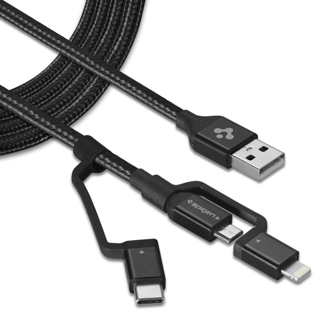 Black DuraSync 3-in-1 Charger Cable showing the USB output and the Micro, lightning, and USB-C output