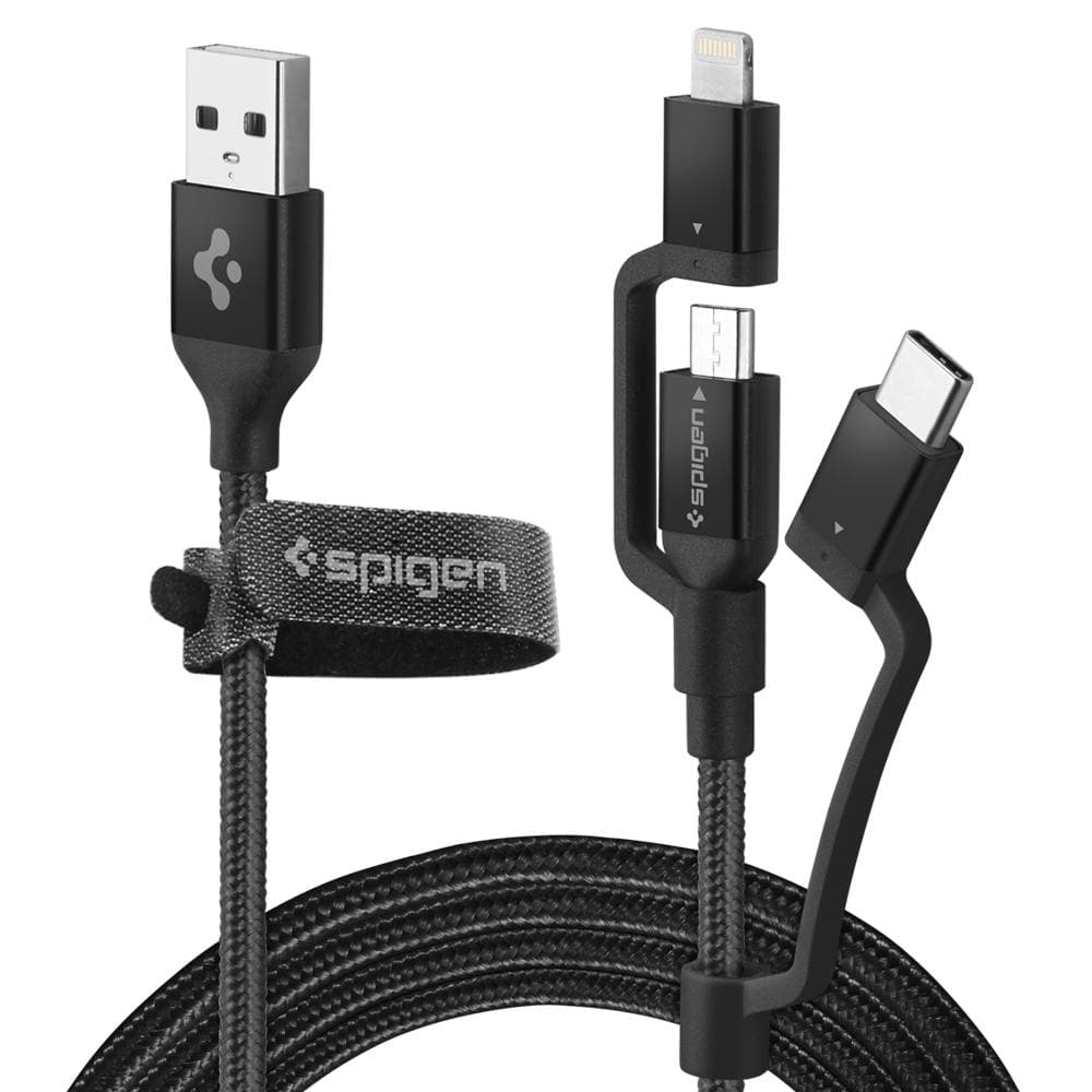 Black DuraSync 3-in-1 Charger Cable showing the USB output and the Micro, lightning, and USB-C output