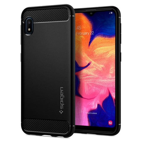 Galaxy A10e Case Rugged Armor in black showing the back and front