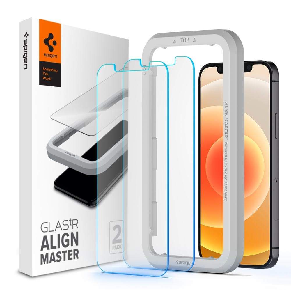 iPhone 12 Screen Protector AlignMaster GLAS.tR showing the packaging, two screen protectors, alignment tray, iPhone 12 Max