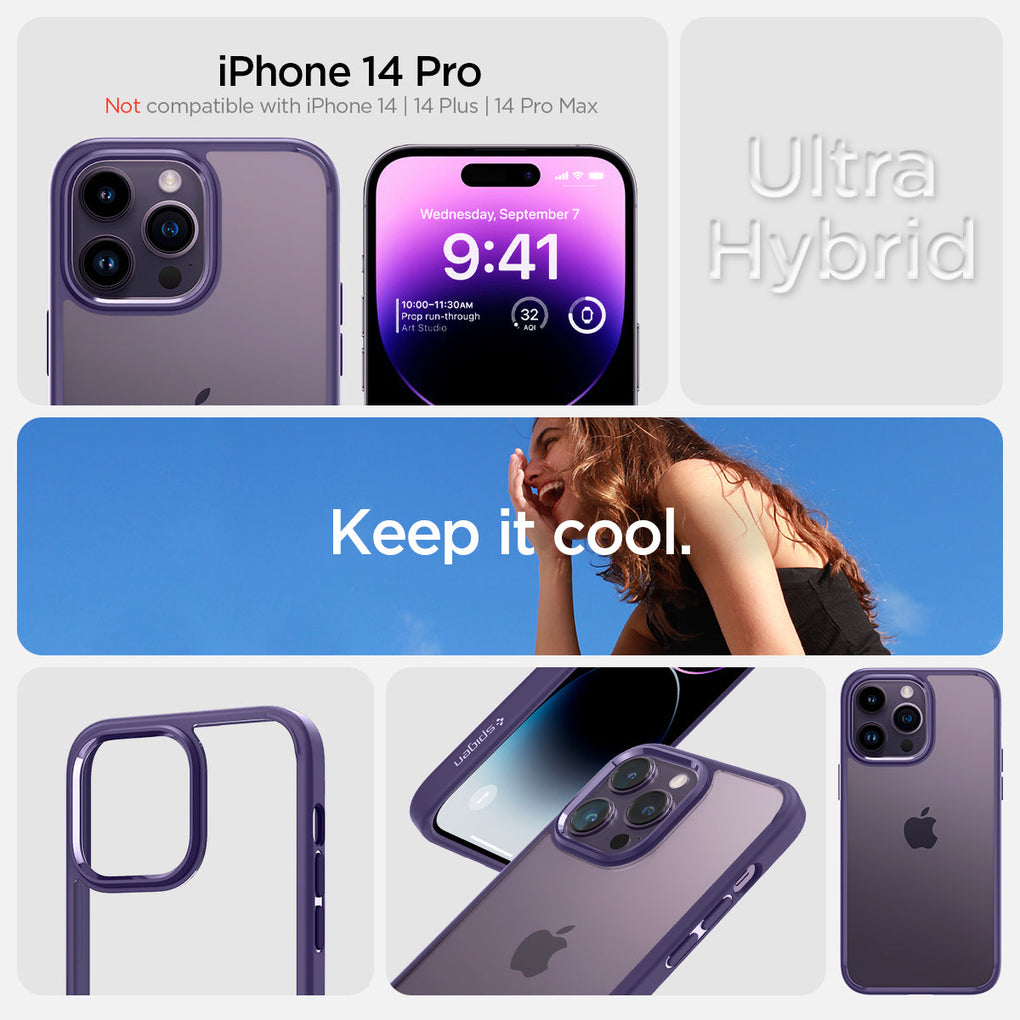 iPhone 14 Pro Case Ultra Hybrid in deep purple showing the ultra hybrid. The clear choice. Designed by Spigen. Compatible with iPhone 14 Pro. Not compatible with iPhone 14, 14 Plus or 14 Pro Max.
