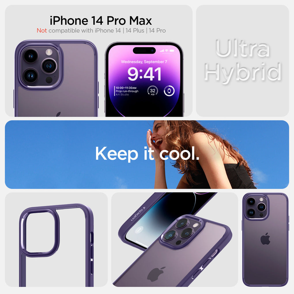iPhone 14 Pro Max Case Ultra Hybrid in deep purple showing the ultra hybrid. Keep it cool. Designed by Spigen. Compatible with iPhone 14 Pro Max. Not compatible with iPhone 14, 14 Plus or 14 Pro.