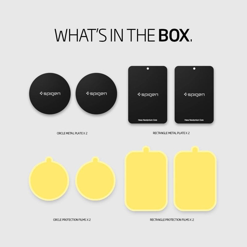 000EP20342 - Spigen Kuel A210 Car Mount Metal Plates showing what's in the box: 2 circle metal plates, 2 circle protection films, 2 rectangle metal plates, 2 rectangle protection films