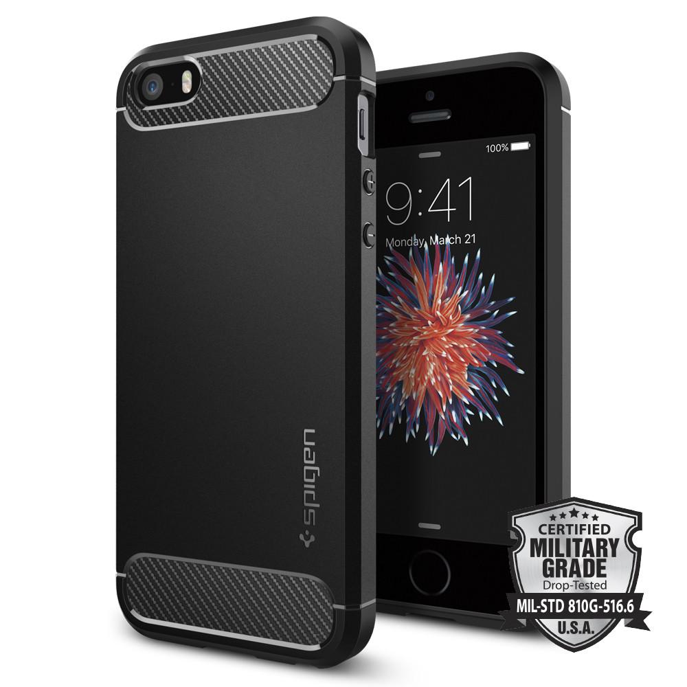 Rugged Armor	Black 	Case	back design and a front view of the edge around the	iPhone SE	device.