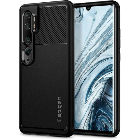 Rugged Armor Matte Black Case back design and a front view of the edge around the MiNote 10/ Note 10 Pro device.