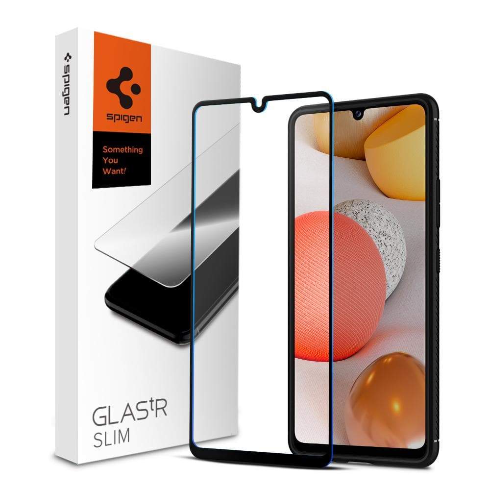 Galaxy A42 5G Screen Protector GLAS.tR Full Cover Glass showing the packaging, screen protector and device