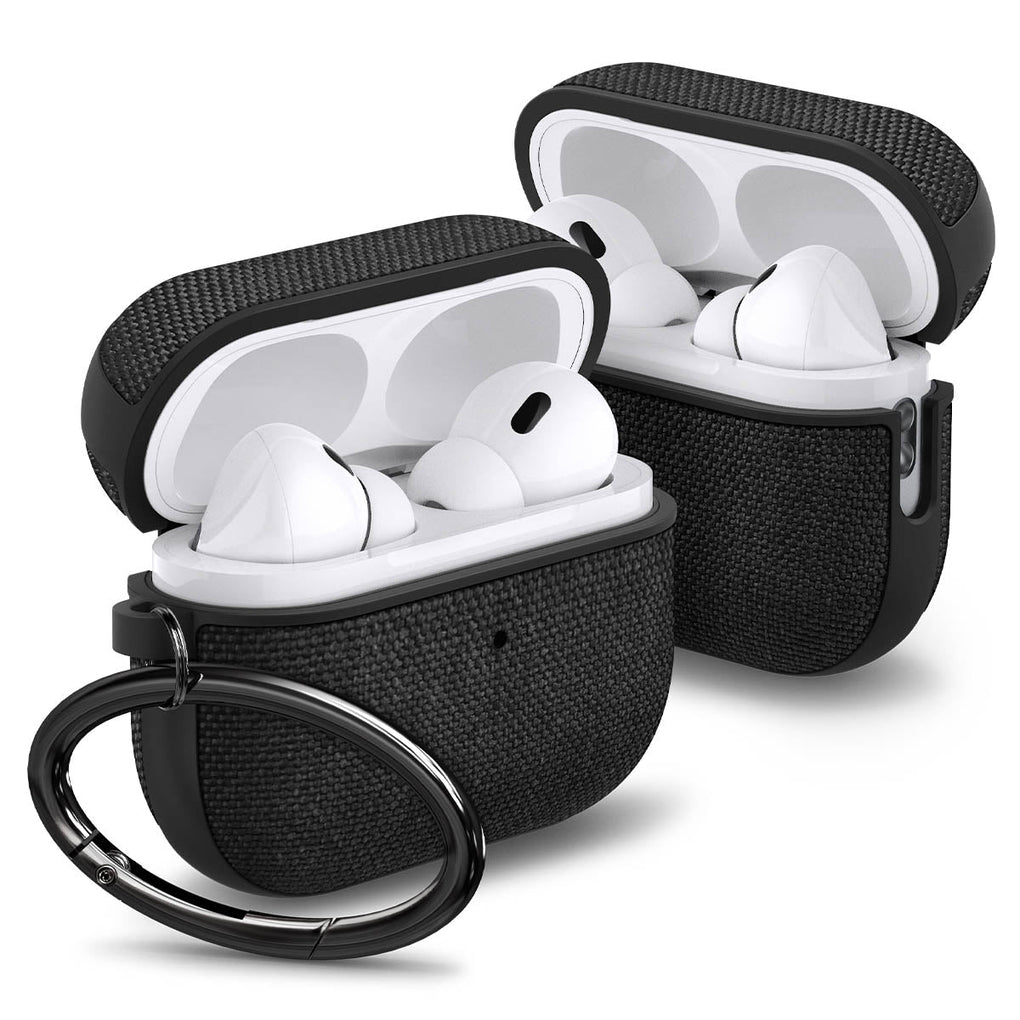Apple AirPods Pro 2 Case Urban Fit in black showing the front, side and carabiner with top open
