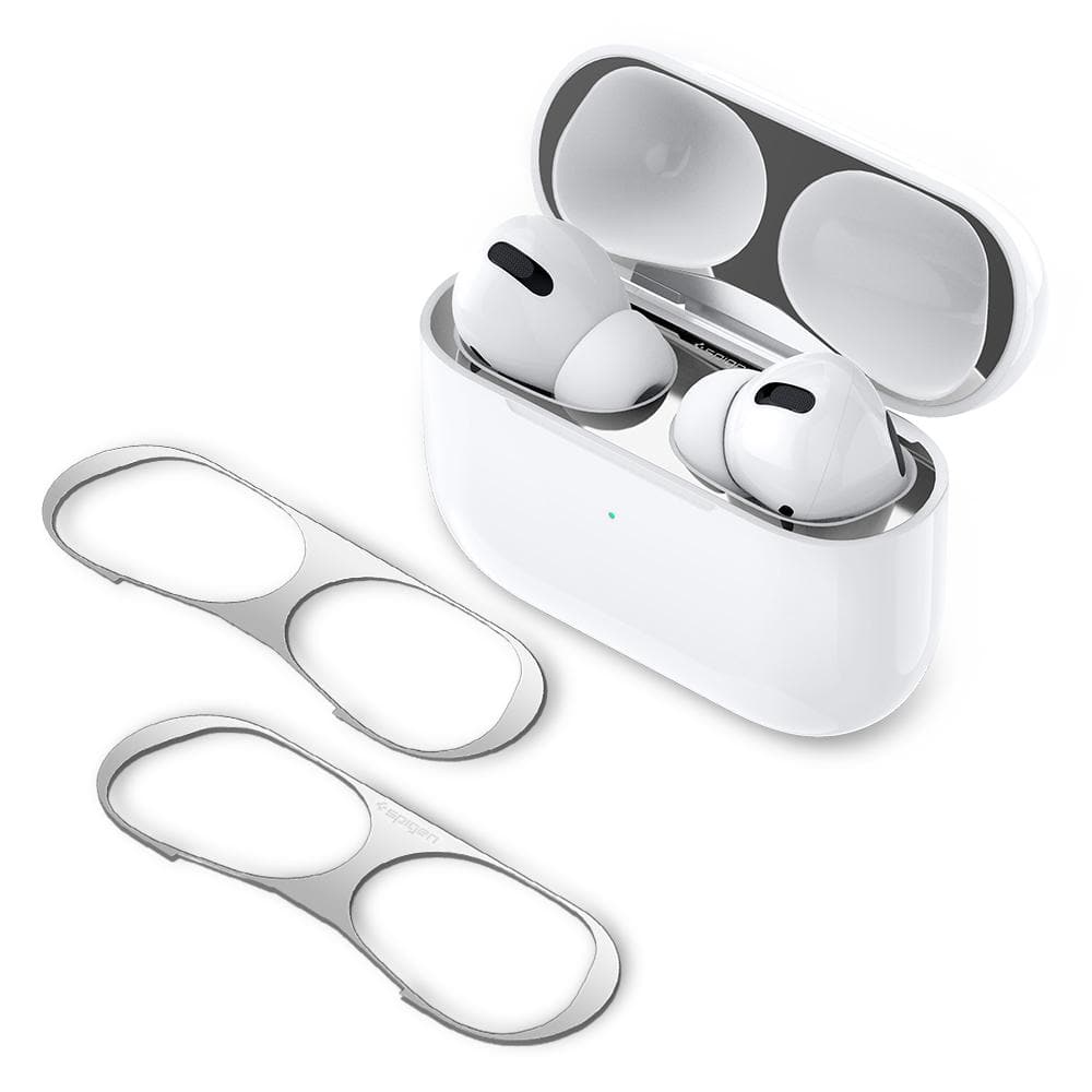 Apple AirPods Pro Shine Shield in metallic silver showing the shields on the Airpods Pro and not on the Airpods Pro.