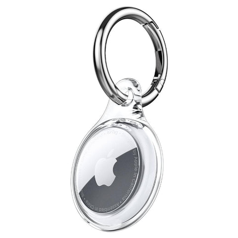 Apple AirTag Case Ultra Hybrid in crystal clear showing the front with airtag in on keyring