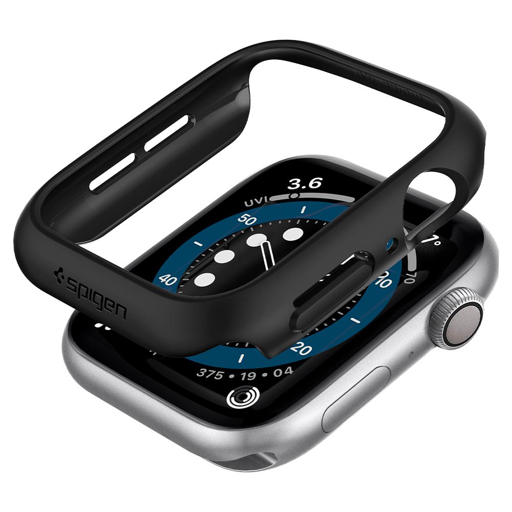 Apple Watch Series SE / 6 / 5 / 4 (44mm) Case Thin Fit in black showing the top, side, and left side inside 