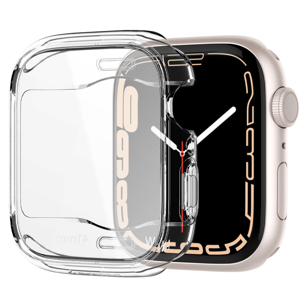 Apple Watch Series (41mm) Case Ultra Hybrid in crystal clear showing the case hovering slightly in front of watch face