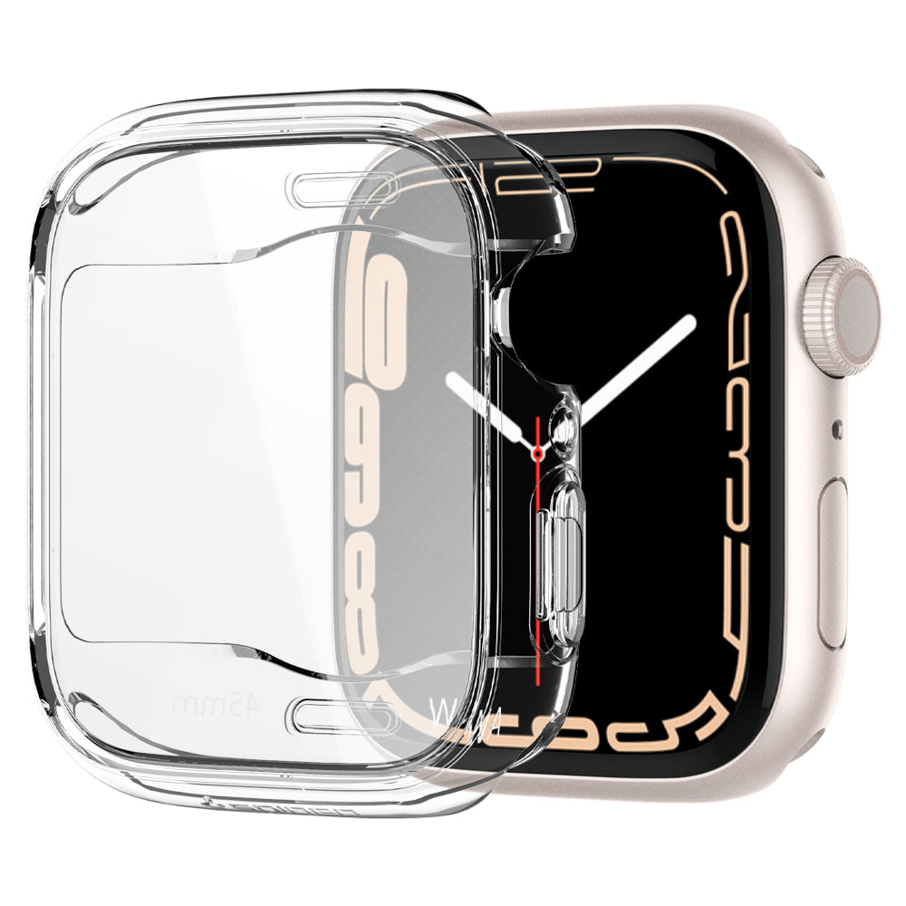 Apple Watch Series (45mm) Case Ultra Hybrid in crystal clear showing the case hovering slightly in front of watch face