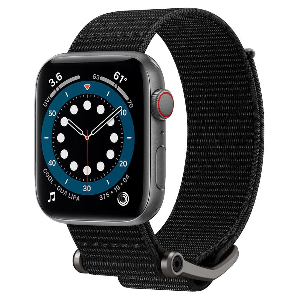 Apple Watch Series SE / 6 / 5 / 4 (44mm) Watch Band DuraProFx in black showing the front and inside of strap