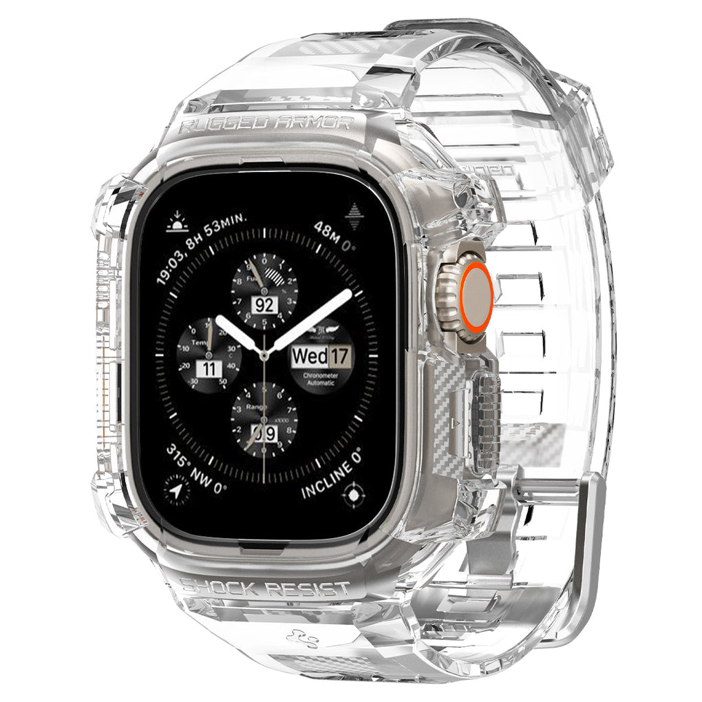 Apple Watch Ultra (49mm) Case Rugged Armor Pro in crystal clear showing the front, partial side and inside of band