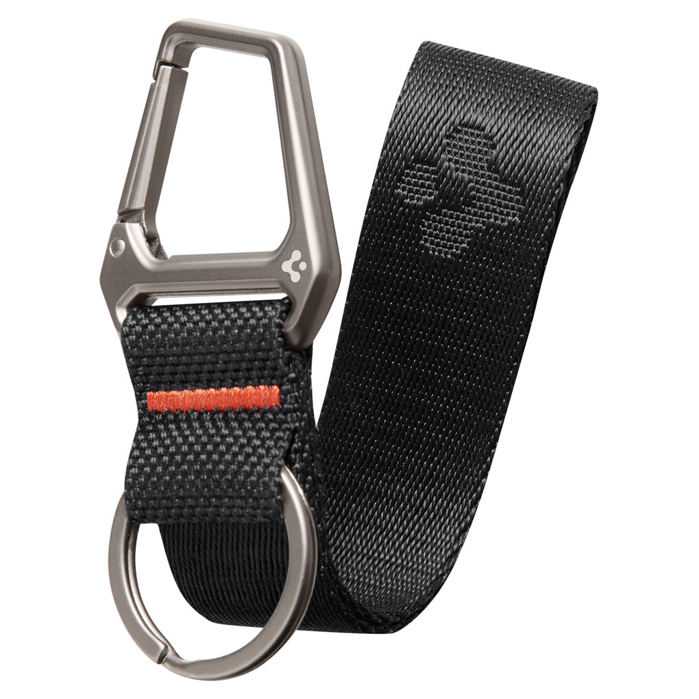 Carabiner Black Strap + Key Ring showing the front with strap slightly bending